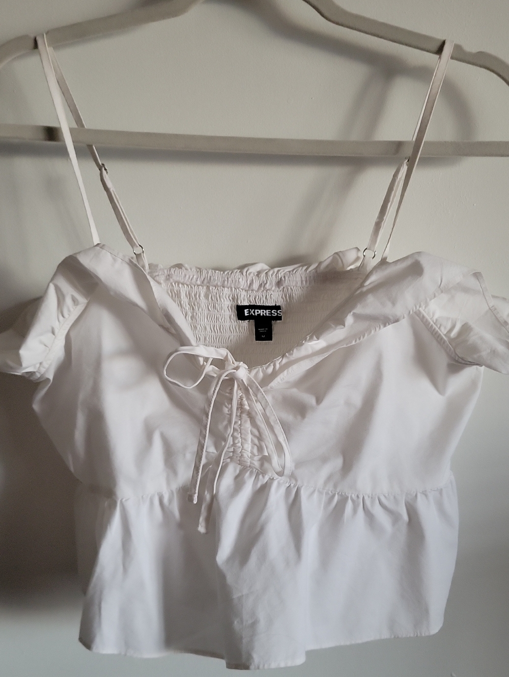 Express White Tie-Front Off-Shoulder Cropped Peplum Camisole